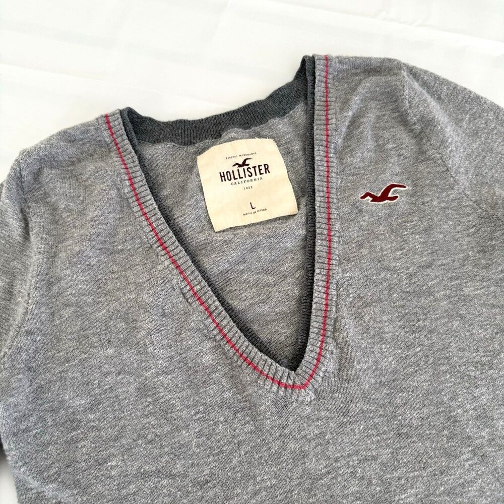 Hollister Women's Junior's Sweater L Heather Gray Pink 3/4 Sleeve 100% Cotton